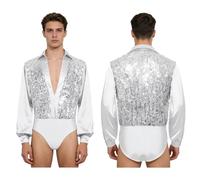 SDIUAKBV Maillot Baile Latino para Hombre Hombres Latino Waltz Dance Performance Body Leotardos Mangas largas Lentejuelas Cuello en V profundo Ropa de baile salón Para bailar(White,XXL)