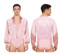 SDIUAKBV Maillot Baile Latino para Hombre Hombres Latino Waltz Dance Performance Body Leotardos Mangas largas Lentejuelas Cuello en V profundo Ropa de baile salón Para bailar(Pink,L)