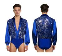SDIUAKBV Maillot Baile Latino para Hombre Hombres Latino Waltz Dance Performance Body Leotardos Mangas largas Lentejuelas Cuello en V profundo Ropa de baile salón Para bailar(Blue,L)