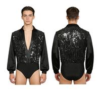 SDIUAKBV Maillot Baile Latino para Hombre Hombres Latino Waltz Dance Performance Body Leotardos Mangas largas Lentejuelas Cuello en V profundo Ropa de baile salón Para bailar(Black,S)