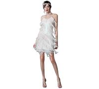SDIUAKBV Vestido con Flecos Sexy Silver Sequin Tassel Gown V-Ne Hanging Ne Performance Dance Evening Dr For Women Polyester Fiber Mid-Length Skirt para Mujeres(White,M)