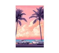 SDKAHKZO Golden Hour Bliss Cars on the Beach with Palm Trees And A Vibrant Sunset Sky Canvas Modern Poster Wall Art Prints Paintings Living Room Bedroom Decor 12x18inch (30x45cm)