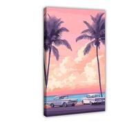 SDKAHKZO Golden Hour Bliss Cars on the Beach with Palm Trees And A Vibrant Sunset Sky - Lienzo decorativo para pared, póster e impresiones estéticas para habitación, dormitorio, oficina, decoración de