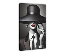 SDKAHKZO Lienzo decorativo para pared, diseño de cara misteriosa con la historia de labios rojos bajo el sombrero negro, póster decorativo para el hogar, bar, restaurante, garaje, cafetería, 50 x 75