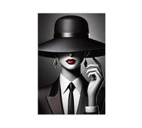 SDKAHKZO Lienzo decorativo para pared, diseño de cara misteriosa con la historia de labios rojos bajo el sombrero negro, póster decorativo para el hogar, bar, restaurante, garaje, cafetería, 50 x 75