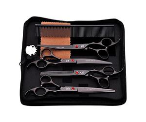 Sdlnklm 7 Piezas Tijeras para Mascotas Juego Cortapelo Recortador Peine Tela de Limpieza Material Acero 440C Adecuado para Estética de Perros Gatos Uso Casero, Negro