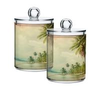 SDMKA Paquete de 2 tarros de boticario para baño, diseño vintage de palmeras, dispensador de plástico transparente con tapa para bola de algodón, hisopo de algodón