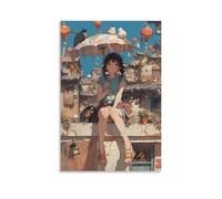 sdnkbro Póster decorativo de anime con texto en inglés "A Cute Young Girl Sits on A House Full of Lanterns", lienzo decorativo para pared e imagen artística moderna para decoración de dormitorio