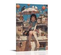 sdnkbro Póster decorativo de anime con texto en inglés "A Cute Young Girl Sits on A House Full of Lanterns", lienzo decorativo para pared e imagen artística moderna para decoración de dormitorio