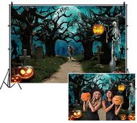 SDOTPMT 1.8x1.2m Fondo del Cementerio de Halloween Camino del Cementerio Iluminado por la Luna Árboles Jack - o '- linternas Esqueletos Murciélagos Fondo de fotografía voladora para Festival Decor