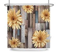 SDOTPMT 105x160cm Madera Piso Girasol Cortina de Ducha Rústico Antiguo Madera Dura Antiguo Junta Tablón Cortina de baño Rural Cortijo Floral Cortina bañera para Baño Tela Poliéster con Ganchos