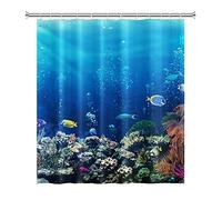 SDOTPMT 105x160cm Océano Tropical Pez Cortina de Ducha Submarino Mar Animal Coral Arrecife Cortina de baño El Verano Azul Océano Cortina de bañera para niños Baño Poliéster Impermeable con Ganchos