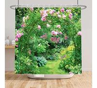 SDOTPMT 105x160cm Primavera Jardín Paisaje Cortina de Ducha Rosado Flor Arqueado Planta Verde Hojas Cortina de baño Natural Paisaje Granja Cortina bañera para Baño Poliéster con Ganchos