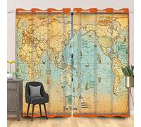 SDOTPMT 107x160cm Antiguo Mapa Mundial Cortina de Ventana Mapa Educativo Océano continentes Náutico Cortinas de Ventana Turista Geografía Mapa Cortinas Opacas para Salón Dormitorio, 2 Paneles
