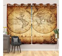 SDOTPMT 117x183cm Mapa Mundial Cortina de Ventana Antiguo Mapa Histórico Geografía Educativo Cortinas Ventana Antiguo Nostálgico Cortinas Opacas para Salón Dormitorio Cortinas Opacas, 2 Paneles