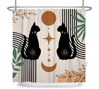 SDOTPMT 120x180cm Gato Silueta Cortina de Ducha Marrón Sol Luna Mediados de Siglo Abstracto Arte Cortina de baño Arqueado Rayas Boho Estilo Cortina bañera para Baño Poliéster con Ganchos