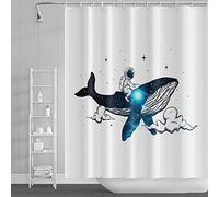 SDOTPMT 122x183cm Ballena Cortina de la Ducha Astronauta Montando Ballena Universo Planeta Cortina de baño Lindo Astronauta Blanco Cortina de bañera Tela Impermeable para Baño con Ganchos