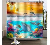SDOTPMT 122x183cm Cortina de Baño Verano Océano Tiburones Tortuga Corales Bajo el Mar Ballena Gaviotas Atardeceres Sol Palmera sobre el Océano para Decoración con Gancho