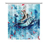 SDOTPMT 122x183cm Gracioso Gato Cortina de Ducha Lindo Gato Montando Ballena Océano Ola Cortina de baño Caricatura Rojo Pez Azul Cortina de bañera Tela Impermeable para Baño con Ganchos