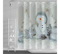 SDOTPMT 122x183cm Lindo Tímido Muñeco de Nieve Gris Blanco Raya Sombrero Cortina de Ducha Invierno Copo de Nieve Astilla Estrella Feliz Navidad Cortina de baño para Baño Poliéster con Ganchos