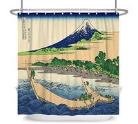 SDOTPMT 122x183cm Ukiyo-e Montar Fuji Escenario Cortina de Ducha Japonés Océano Ondas Madera Barco Cabaña Cortina de baño Tradicional Étnico Animado Cortina bañera para Baño Poliéster con Ganchos