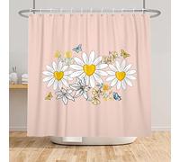 SDOTPMT 140x180cm Margarita Floral Cortina de Ducha Verano Flor Floraciones Mariposa Rosa pálido Cortina de baño Planta Único Diseño Cortina bañera para Baño Poliéster con Ganchos