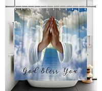 SDOTPMT 140x183cm Dios te Bendiga Tema Cortina de Ducha Fantasía Cielo Manos Orando Religión Espiritual Europeo Cortina de baño Blanco Cortina bañera para Baño Poliéster con Ganchos