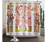 SDOTPMT 150x180cm Cortina de baño con Vistas a la Ventana Cortina de baño de melocotón Rosa Mariposa de Flores Coloridas Gancho de cinturón de Cortina de baño de Fauna y Flora Silvestres en Primavera