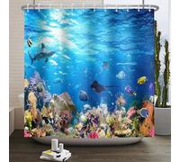 SDOTPMT 152x183cm Bajo el Mar Cortina de Baño Multicolor - Coral, Arrecife, Peces, Ballenas, Tortugas, Animales Submarinos - Decoración para Niños Con Ganchos