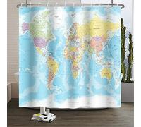 SDOTPMT 165x183cm Mundo Mapa Cortina de la Ducha Países Ciudades Geografía Educativo Cortina de baño Azul Océano continentes Cortina de bañera Tela Impermeable para Baño con Ganchos