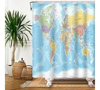 SDOTPMT 175x190cm Mundo Mapa Cortina de la Ducha Países Ciudades Geografía Educativo Cortina de baño Azul Océano continentes Cortina de bañera Tela Impermeable para Baño con Ganchos