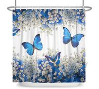 SDOTPMT 180x180cm Azul Mariposa Cortina de Ducha Blanco Flor Azul Rosa Florecer Verano Insecto Botánica Cortina de baño Natural Paisaje Cortina bañera para Baño Poliéster con Ganchos