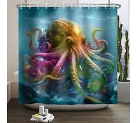 SDOTPMT 180x180cm Cortina de Baño Pulpo Colorido Tentáculos de Pulpo Antiguo Castillo Océano Marino Vida Salvaje Monstruos Marinos Náutico Costero para Decoración de Baño Tela con Ganchos