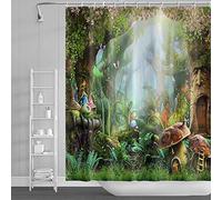 SDOTPMT 180x180cm Cuento de Hadas Champiñón Cortina de Ducha Magia Fantasía Bosque Selva Árbol Cortina de baño Verde Césped Planta Lámina Floral Cortina bañera para Baño Poliéster con Ganchos