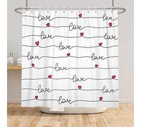 SDOTPMT 180x180cm Feliz San Valentín Cortina de Ducha Corazón de Amor Rojo Patrón Negro Raya Blanco Fondo Cortina de baño for Pareja Fiesta Bañeras Inodoro Decoraciones Set con Ganchos