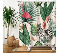 SDOTPMT 180x180cm Flamenco Cortina de Ducha Tropical Palmera Hojas Verdes Hoja de Banana Caballo Cortina de baño Verano Temática Cortina de bañera Tela Poliéster Impermeable para Baño con Ganchos
