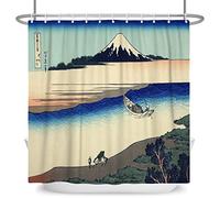 SDOTPMT 180x180cm Japonés Ukiyo-e Anime Cortina de Ducha Monte Fuji Kanagawa Océano Escenario Isla Cortina de baño Orientarse Tradicional Étnico Cortina bañera para Baño Poliéster con Ganchos