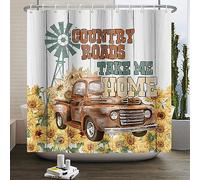 SDOTPMT 180x180cm La Carretera Rural me Lleva a casa Cortina de baño Retro Coche Girasol Cortina de baño Plana Blanca Cortina de baño de otoño Granja Cortina de baño Infantil Gancho Decorativo