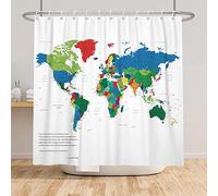 SDOTPMT 180x180cm Mapa del Mundo Cortina de Ducha Coloreada Mapa del Mundo Niños Educativo Tema Países Ciudades Cortina de baño Blanco Cortina bañera para Baño Poliéster con Ganchos