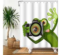 SDOTPMT 180x198cm Lindo Gracioso Rana Cortina de Ducha Fotógrafo Rana Mayor Que Ojo Sacar una Foto Cortina de baño Animal Blanco Cortina bañera para niños Baño Tela Poliéster con Ganchos