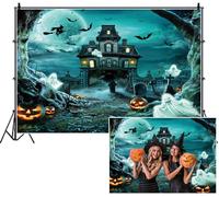 SDOTPMT 2.2x1.5m Espectacular Halloween Fondo Mansión embrujado Luna Llena murciélagos Fantasmas Jack - o '- linternas Niebla Fondo de fotografía para Celebrar la decoración de Vacaciones