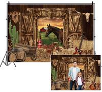 SDOTPMT 2.2x1.5m Rural Western Granero Fondo Granero Puertas de Madera Caballo Hay Bales Botas de Vaquero Ruedas Atardecer Fotografía Fondo para niños Adultos Accesorios de Fiesta