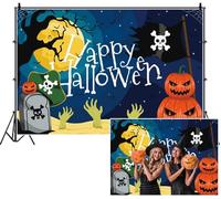 SDOTPMT 2.7x1.8m Feliz Halloween Fondo de Dibujos Animados Luna Llena Zombie Manos Jack - o '- linternas Cráneo Huesos Cruzados Fondo de fotografía para Celebrar juguetón Decoración del Festival
