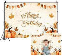 SDOTPMT 3.6x2.5m Feliz cumpleaños Fondo Calabazas Marrones Que fluyen Crema Naranja Hojas de otoño Pastel Pennant Oro Brillo fotografía Fondo Decoración de Fiesta de Cosecha de otoño