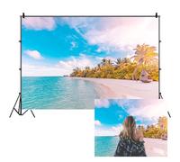 SDOTPMT 3x2,5m Playa Telón de Fondo Verano Palmeras Azul Mar Cielos Nubes Blancas Sol Fotografía de Fondo para Hawaii Fiesta Decoración Banner Fotos Foto Props
