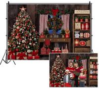 SDOTPMT 3x2.5m Retro rústico Fondo de Cocina de Navidad Colorido Decorado Palmera Cortinas a ajedrez Rojo Cuadro Fondo de fotografía para el niño Acogedor Fiesta de Vacaciones escenas de casa