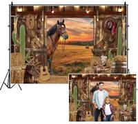 SDOTPMT 6x3m Encantador Western Granero Fondo Granero Puertas Caballo Hay Bales Cowboy Boots Hat Guitar Golden Sunset Campo Fotografía Fondo para niños Adultos Country Party Supplies