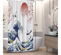 SDOTPMT 90x180cm Cortina de baño de Olas Gigantes Cortina de baño de Tinta de Cerezo asiático Ganso Volador Paisaje Pintura Cortina de baño baño Tela Decorativa Gancho Impermeable