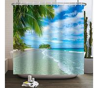 SDOTPMT 90x180cm Ocean Beach Shower Curtain Blue Sky Tropical Sunshine Sand Sea Wave Plam Trees Bath Curtain Beautiful Seaside Scene Fabric Waterproof Polyester Bathroom Curtain with Hooks