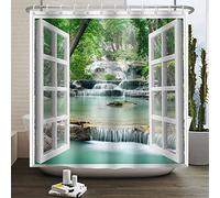 SDOTPMT 90x180cm Vista de la Ventana Cortina de baño Árbol de Cascada de Primavera Paisaje Natural Cortina de baño Ventana Blanca Imagen Arte Moderno Tejido Impermeable Cortina de baño con Gancho